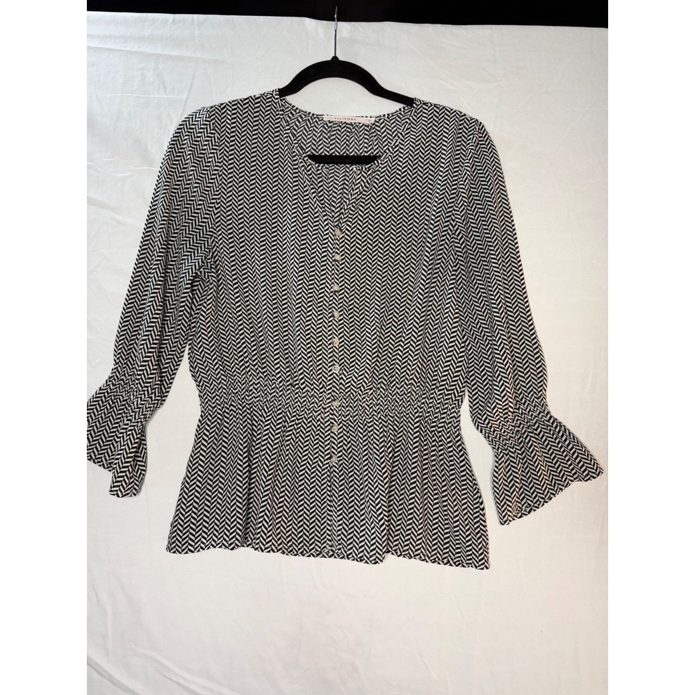 Ellison Black&white smocked waist &‎ sleeve button up geometric blouse sz s
